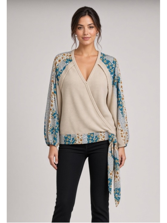 Unbranded Tops - Floral Patchwork Waffle Knit Wrap Tie V-Neck Blouse Top Size X-Large XL 2X